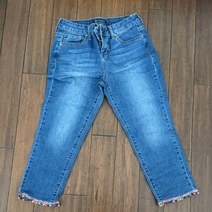 Versona Denim Cropped Jeans with Multicolor Fringe